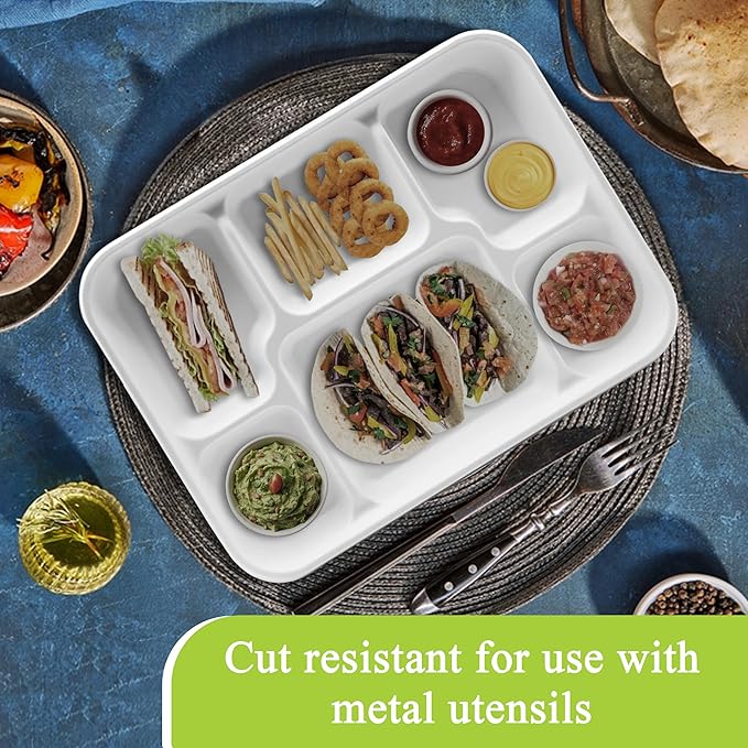 three leaf 6 Compartment Bagasse Tray 50 Ct. Heavy Duty, Super Strong,Eco Friendly Disposable Bagasse Plates,100% Biodegradable Plates, Microwave and Freezer Safe, Ideal for Party, Dinner and Picnic