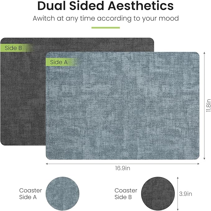 Placemats Set of 6, Faux Leather Heat Resistant Wipeable Placemats, Dual Sided Waterproof Washable Table Mats with Coaster, Suitable for Kitchen, Dining, Table Decor (6, Black Light Blue)