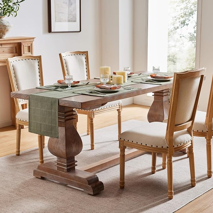 Linen Checked Farmhouse Table Runner, 13x48 Inches Olive | Raised Grid Design - Image 3