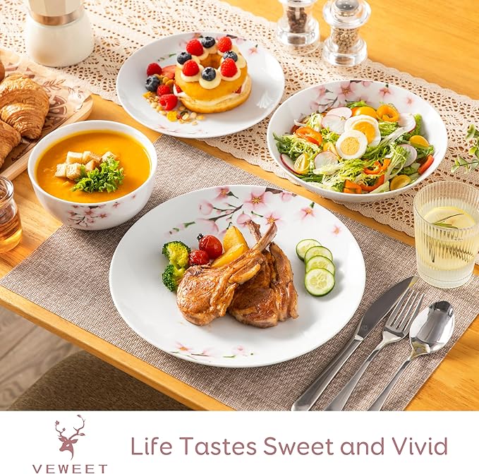 VEWEET Dinnerware Sets for 6, 24 Pieces Porcelain Plates and Bowls Set with Pink Floral, Classic Dishes Set Dining Ware for Dinner, Microwave Dishwasher Safe, Series ANNIE