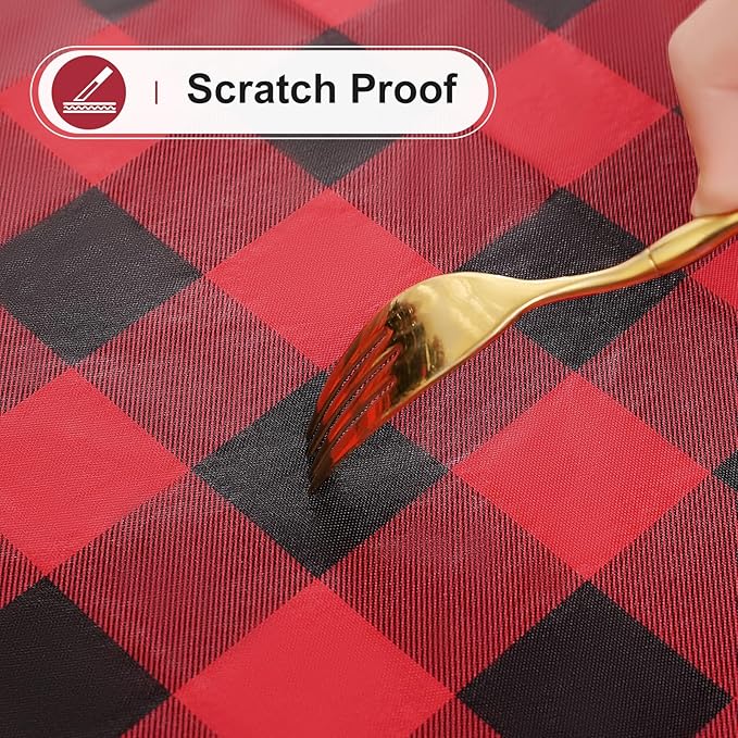 misaya Round Waterproof Vinyl Table Cloth, Buffalo Flannel Backed Tablecloth, Wipeable Plastic Table Cover for Christmas (60", Red and Black)