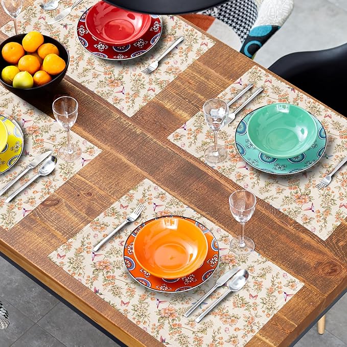 Floral Birds Placemats - Spring Summer Place Mat Set of 4 Hummingbird Butterfly Tablemats 12x18 for Party Kitchen Dining