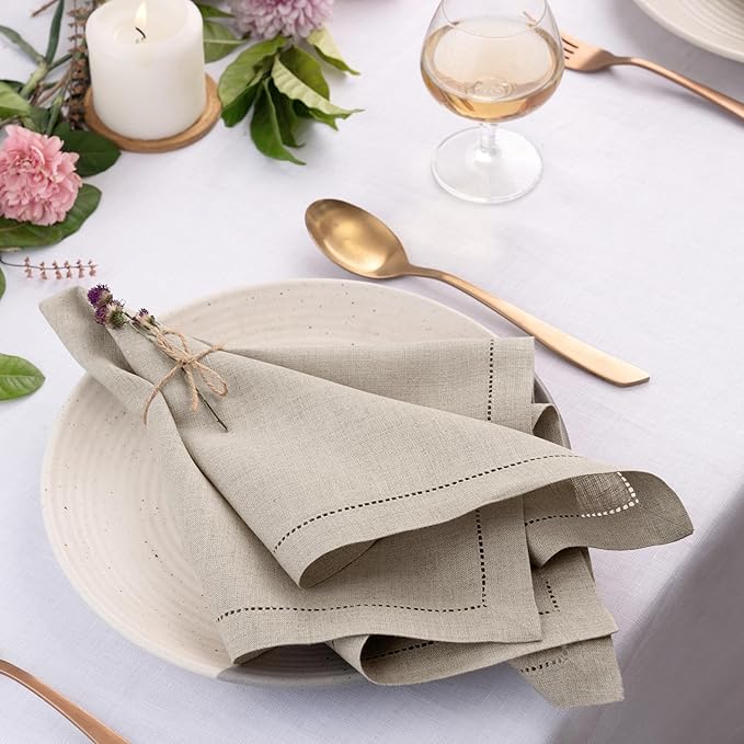 D'Moksha Homes Natural Linen Napkins Set of 6 - Classic Hemstitch 100% Pure Linen Hemstitch Dinner Napkins 20 x 20 Inch for Valentines, Spring, Easter - Handcrafted and Machine Washable