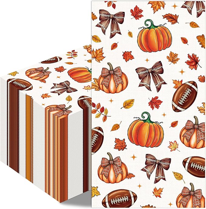 Fall Football Pumpkin Napkin - 100 Pcs Maple Leaves Pumpkin Rugby Decorative Cocktail Napkins Set, Autumn Sports Game Day Disposable Paper Hand Towels, Thanksgiving Party Decorations Supplies