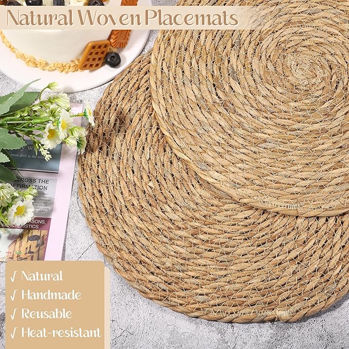 Aneco 12 Pack 13.8-Inch Round Woven Placemats Natural Hand-Woven Boho Rattan Wicker Bulrush Placemat Farmhouse Rustic Braided Table Mats for Dining & Kitchen Decor