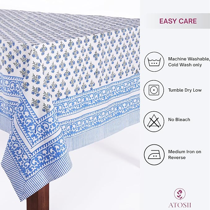 ATOSII Gulbahar Blue 100% Cotton Fall Rectangle Tablecloth, Hand Block Print Washable Table Cover, Christmas Parties Buffet Dining, Weddings, Thanksgiving Autumn Home Decor, 60 X 108 Inches 8 Seater