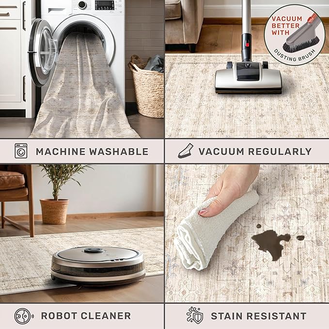 Washable Cream Rug 4x6 for Office, Bedroom, Non Slip Rugs for Kitchen, Mudroom, Low Pile Neutral Farmhouse Retro Small Living Room Carpet