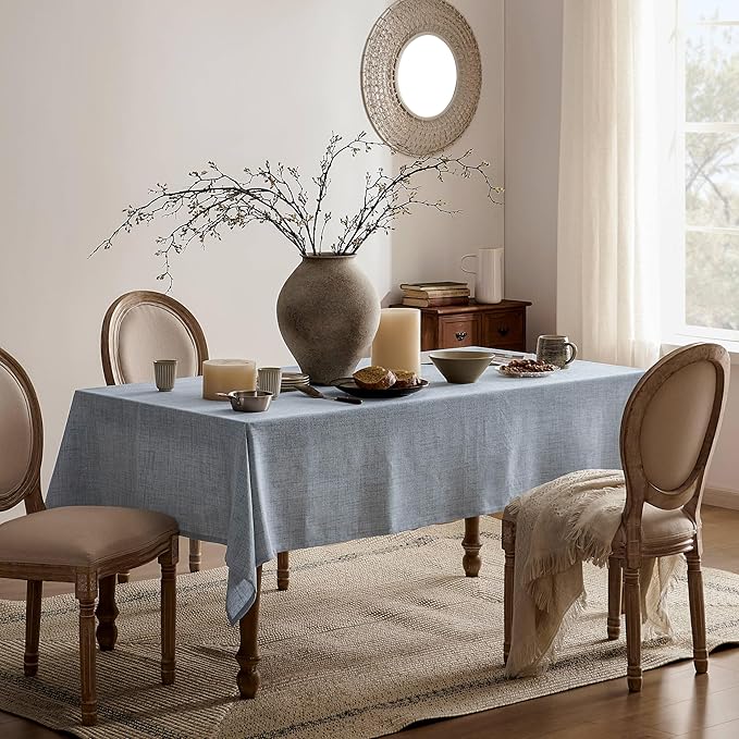 Linen Tablecloth for Square Table 60x60 Inch Blue, Farmhouse Style Blue Tablecloth, Water Resistant Burlap Tablecloths for Dining Table Farmhouse Kitchen