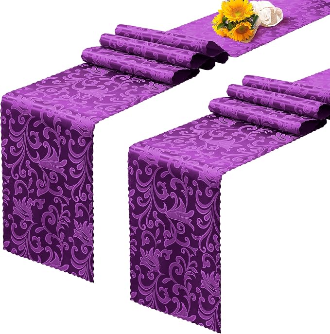 RUDONG M Purple Satin Table Runners, 12 x 108 Inch, 2 Pack | Long Silky Damask by RUDONG+M