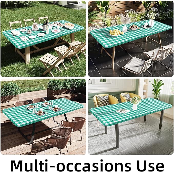 Smiry Rectangle Picnic Table Cloth, Elastic Waterproof Fitted Vinyl Tablecloths, Flannel Backed Buffalo Plaid Table Covers for Dining, Camping, Outdoor (White and Green, 36" x 60")
