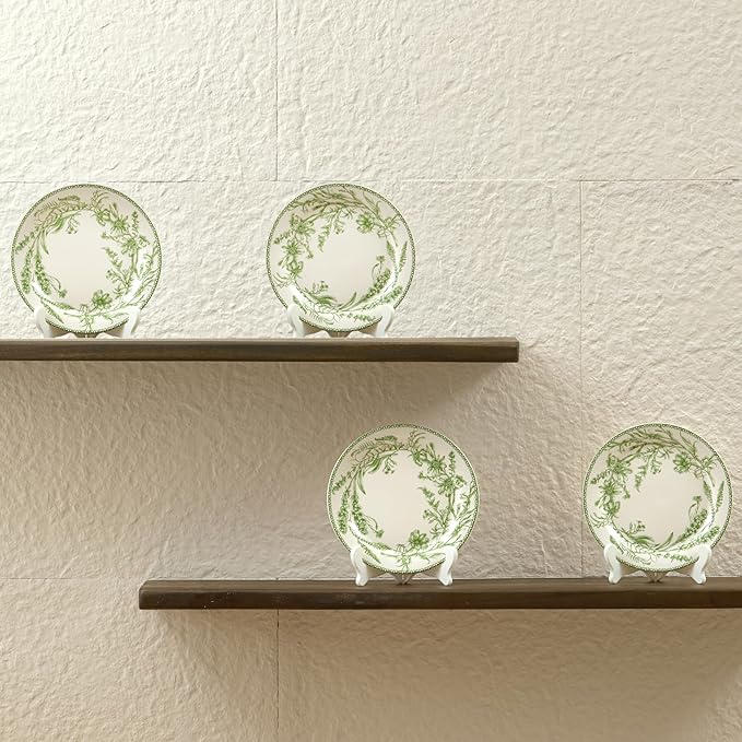 Bico Green Garden Toile De Jouy Salad Plates Set of 4, 8.75 Inch Ceramic Dessert Plates for Salad, Appetizer, Side Dishes, Microwave and Dishwasher Safe, Gift for Housewarming and Thanksgiving