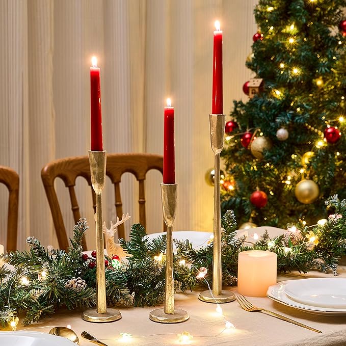 Cast Iron Taper Candle Holder Set of 3, Heavyweight Tall Candlestick Holders, Antique Gold, for Fireplace Mantle & Dining Table, Versatile Decor for Wedding, Holiday, Home & Christmas
