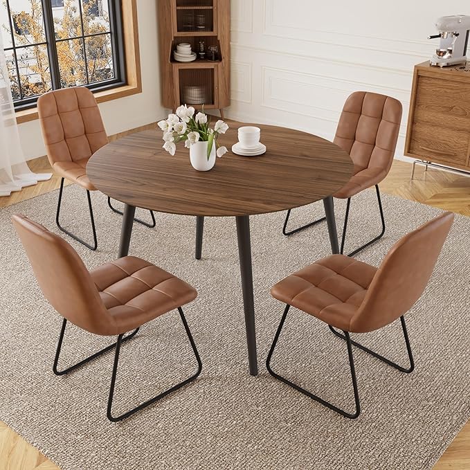 43.3 Inch Round Dining Table Set for 4, Modern Small Kitchen Coffee Set for Dining Room Kitchen Apartment (Walnut Table+4 U-Shaped Brown Chairs)