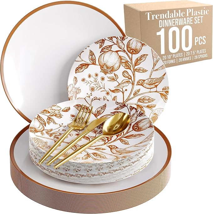 Trendables Fancy Plastic Dinnerware Sets 100 Pc Set 20 Guests Gold Silverware Disposable 20 X 10 Inch Charger Plates 20 X 8 Inch Dessert Plates 20 x Gold Plastic Forks and Spoons Knives In Pomegranate
