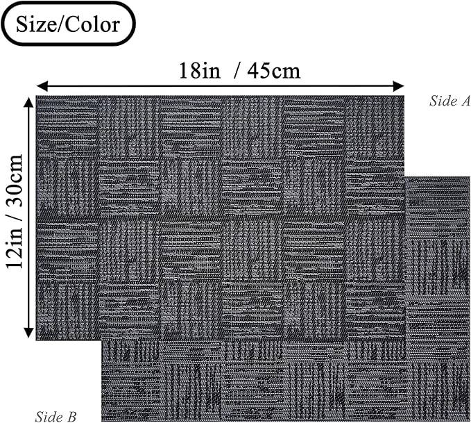 Placemats Set of 6 Plastic Vinyl Place Mats for Dinner Table, No-Slip Wipeable Table Mats Daily Use Patio Kitchen Decoration (18"x12", Black)