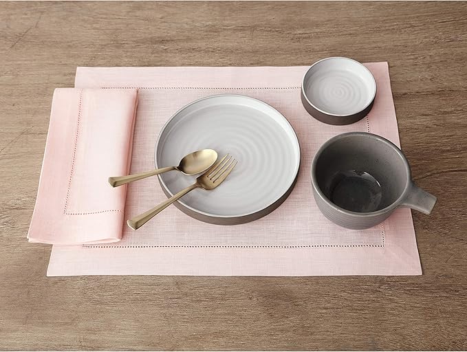 Solino Home Linen Placemats Set of 4 - Classic Hemstitch Pink Placemats 14 x 19 Inch - 100% Pure Linen Table Mats for Valentines, Spring, Easter