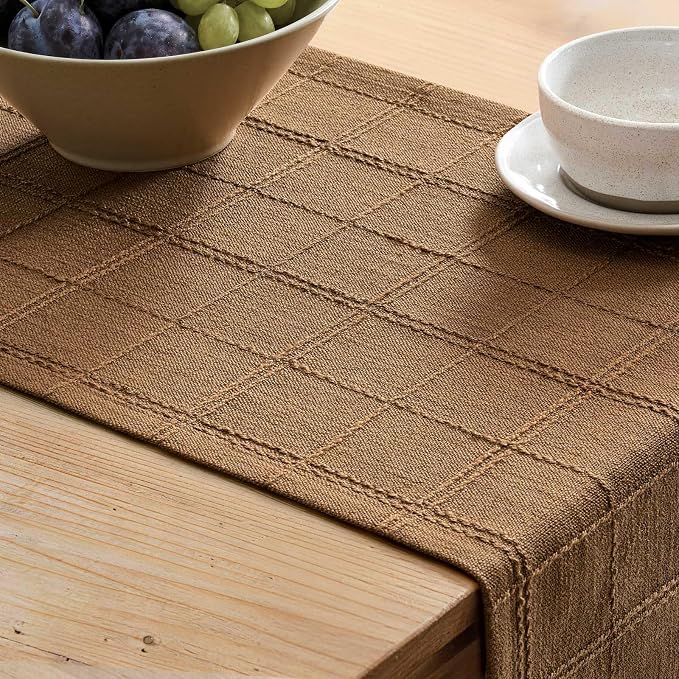 Linen Checked Farmhouse Table Runner, 13x48 Inches Roasted Brown | Raised Grid - Image 5