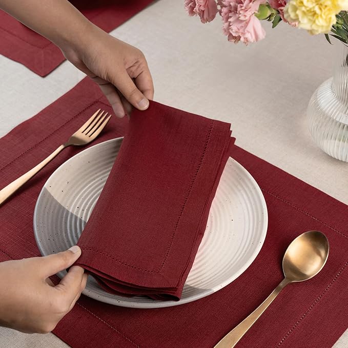 D'Moksha Homes Dark Red Linen Napkins Set of 8 - Classic Hemstitch 100% Pure Linen Hemstitch Dinner Napkins 20 x 20 Inch for Valentines, Spring - Handcrafted and Machine Washable