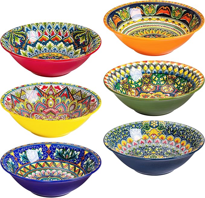 Henten Home Bohemian Ceramic 30 oz Ramen Bowl Set of 6 | Colorful design by HentenHome