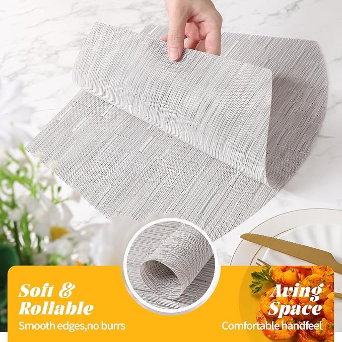 roddyricch Wedge Placemats for Round Tables, Set of 4 Non-Slip PVC Round Table Placemats - Heat Resistant & Wipe Clean Centerpiece Mats for Dining Kitchen Decor (Silver)