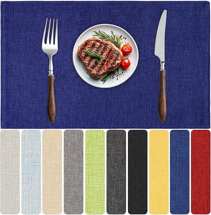 Blue Forest Placemats Set of 8, Dual-Layered Thickened Faux Line Table Mats Heat Resistant Machine Washable Wrinkle Free Place Mats for Kitchen Dining Outdoor/Indoor (NavyBlue)