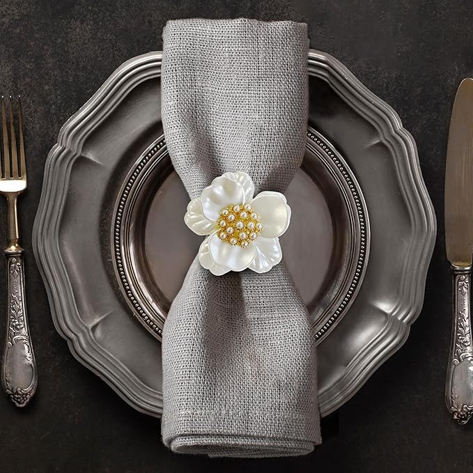 Decozen Set of 4 White Gold Napkin Rings in Floral Design, Festive, Table Decor Setting for Holiday, Wedding, Birthday, Kitchen, Home Decor, Housewarming Gift - Mothers Day Decorations