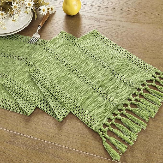 Macrame Style Boho Table Runner, 12x72 Inch Green | Woven Boho Table Runner - Image 7