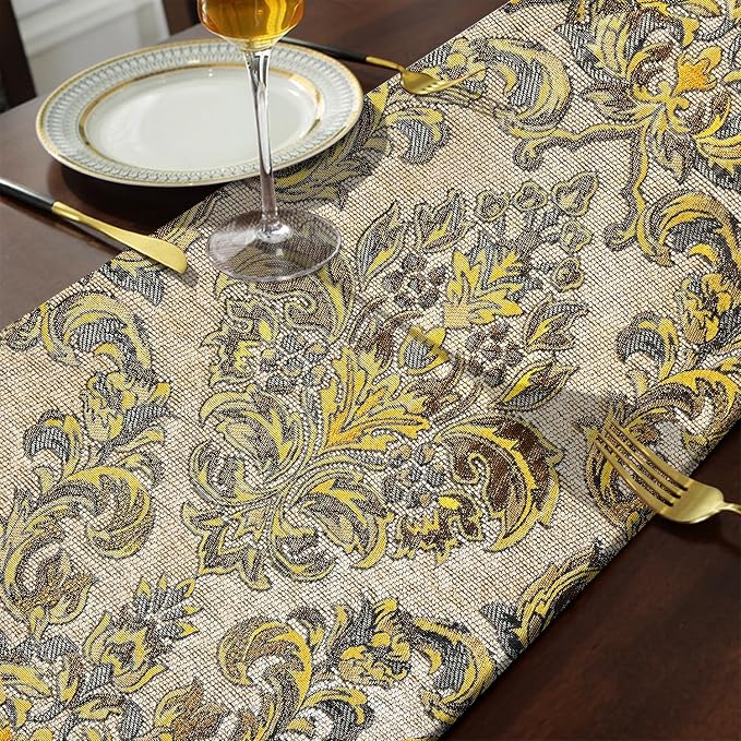 Large Dinner Table Runner Jacquard Chenille Floral Tablecloths Beige 120" | - Image 5