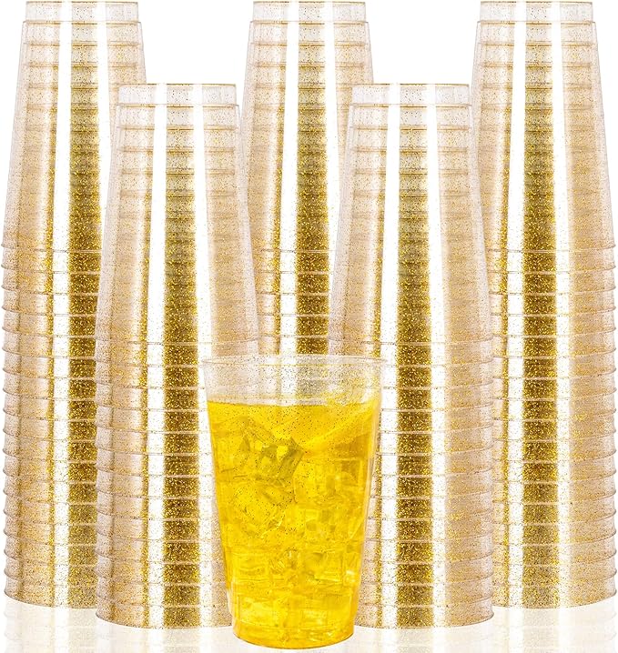 I00000 100 Pack 14 oz Gold Plastic Cups, Disposable Tumblers Gold Glitter Plastic Cups, Disposable Wine Glasses Cocktail Glasses Perfect for Wedding, Mother's Day & Party