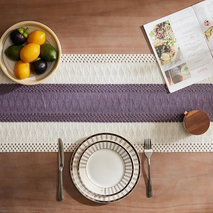 Macrame Style Bicolor Stitching Table Runner 14x48in Purple | Woven Boho Table - Image 4