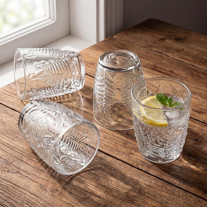 Clear Drinking Glasses Set of 4, 10 oz Glass Cups, Vintage Fern Glassware | - Image 2