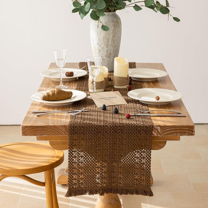 Fall Thanksgiving Boho Macrame Brown Table Runner 13x72 Inch | Woven Burlap - Image 2