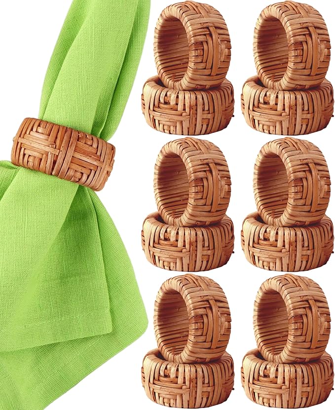 CLEENTABLE Farmhouse Napkin Rings Set of 12, Hand-Woven Napkin Ring for Table Decor, Fall Rustic Rings, Napkin Holder Buckles for Holiday Party, Easter, Birthday, Thanksgiving, Christmas (Brown)