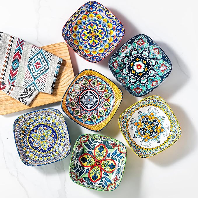 HENXFEN LEAD Boho Ceramic Square Bowls – 20 oz Colorful Bowls for Snacks, Dessert, Side Dishes, Pasta - 6 Inches Appetizer Plates Set of 6, Microwave & Dishwasher Safe