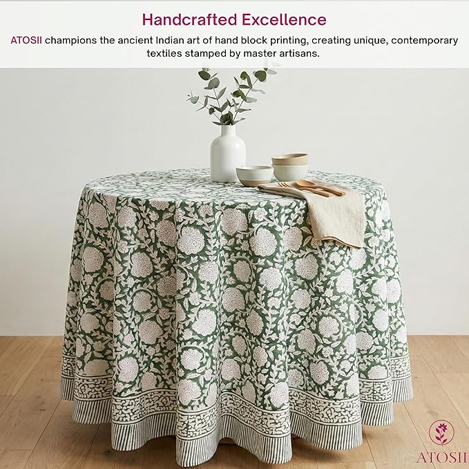 ATOSII Shalimar Green 100% Cotton Round Boho Fall Tablecloth, Handblock Floral Table Cloth Linen for Kitchen Dining I Parties Wedding Outdoors Christmas Thanksgiving I Fall Home Decor 72" Inches Round
