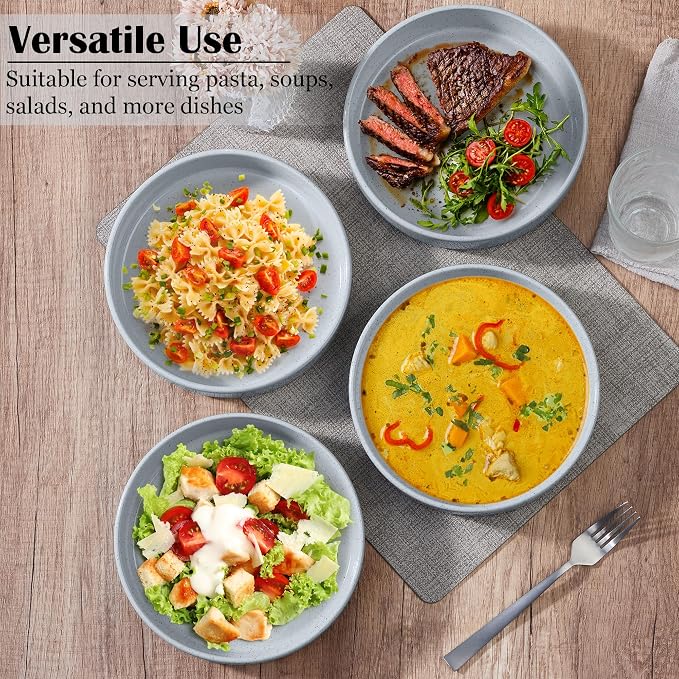E-far Pasta Bowls Set of 6, 35 oz Large Stoneware Bowl Plates | Shallow & Wide - Image 4