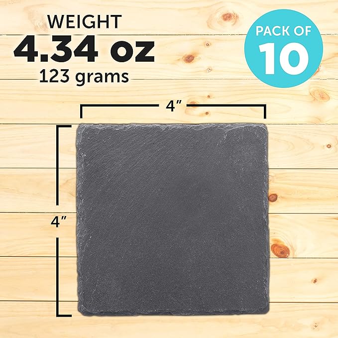 Sohag Square Slate Coasters Set of 10, Bulk Pack - Table Decor, Kitchen Decor, Wedding Favors - Black