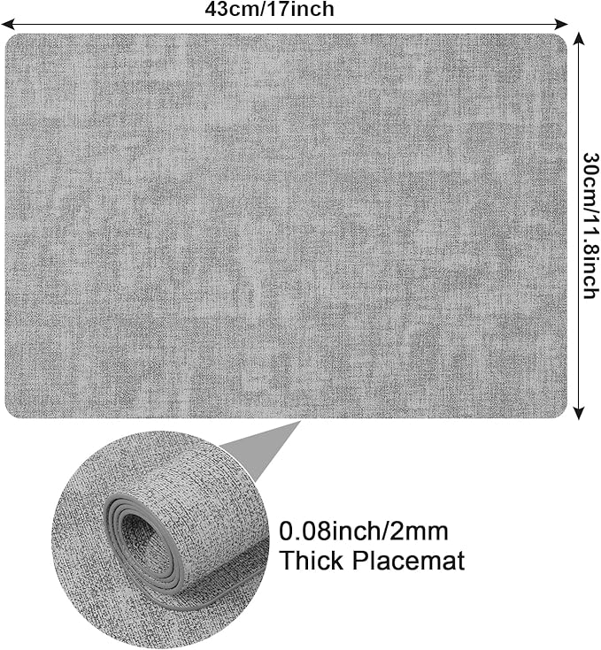 Faux Leather Placemats Set of 6, Heat Resistant Wipeable Washable Vinyl Place Mats, Waterproof Anti-Slip Dining Table Mats, Suitable for Indoor & Outdoor Use (Light Grey)