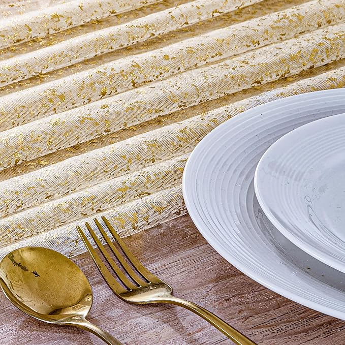 12PC Gold Sparkly Gauze Table Runner 120 Inch 10FT Dining Wedding Baby Shower - Image 2