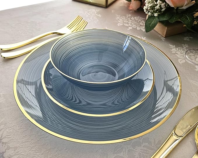 " OCCASIONS " 50 Plates Pack (25 Guests)-Wedding Party Disposable Plastic Plate Set -25 x 10'' Dinner + 25 x 7'' Salad & Dessert plates (Belize in Blue & Gold)