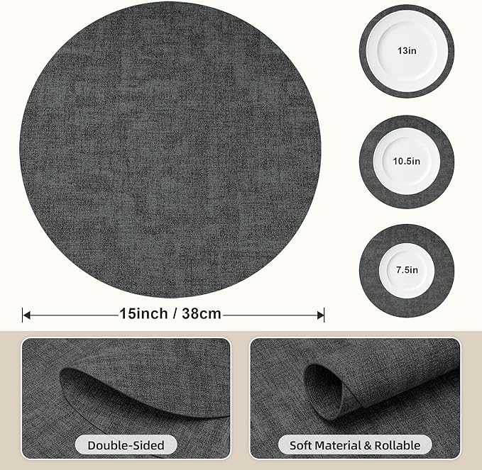 15 inch Faux Leather Round Placemats Set of 6 Non-Slip Washable Wipeable Table Mats, Heat Resistant Waterproof Oilproof Black Place Mats for Kitchen, Dining, Party, Indoor, Outdoor