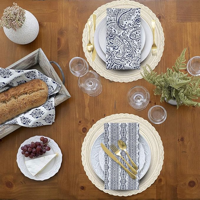 SHACOS 15 inch Round Braided Placemats Set of 12 for Dining Table Woven Boho Place Mats Kitchen Placemat Washable Table Mats, Ivory Bordered