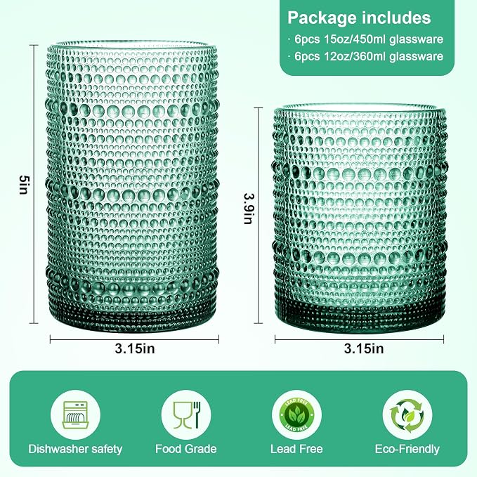 KMIGRUAN Hobnail Drinking Glasses Set of 12, 15Oz & 12Oz Cocktail Glasses | - Image 2