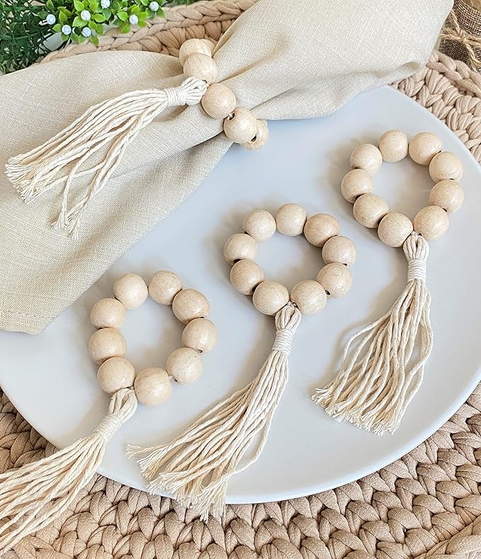 Handmade Napkin Ring with Wood Beads & Jute Twine - Affordable Rustic Wooden Napkin Ring Holder for Table Decoration | Boho Style Farmhouse Napkin Rings | Napkin Rings Set of 6