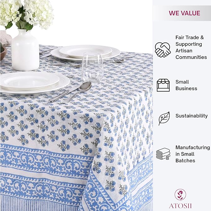 ATOSII Gulbahar Blue 100% Cotton Fall Rectangle Tablecloth, Handblock Print Floral Table Cloth for Kitchen Dining Linen I Thanksgiving Christmas Weddings Outdoors I 72 X 108 Inches I 8 Seater