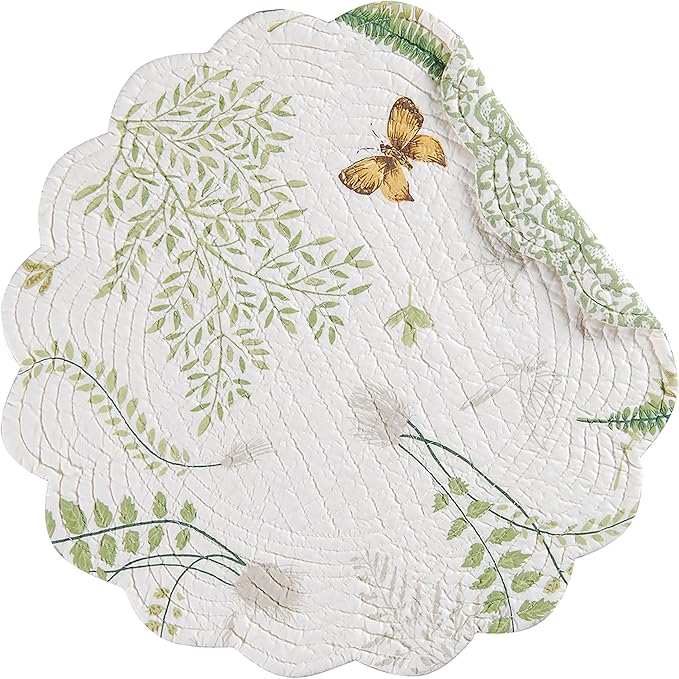 C&F Home Althea Round Placemat, Set Of 4, 17'' X 17'' Spring Butterfly Plants Fern Green White Damask Cotton Quilted Placemat Tabletop Round Placemat Set of 4 Green