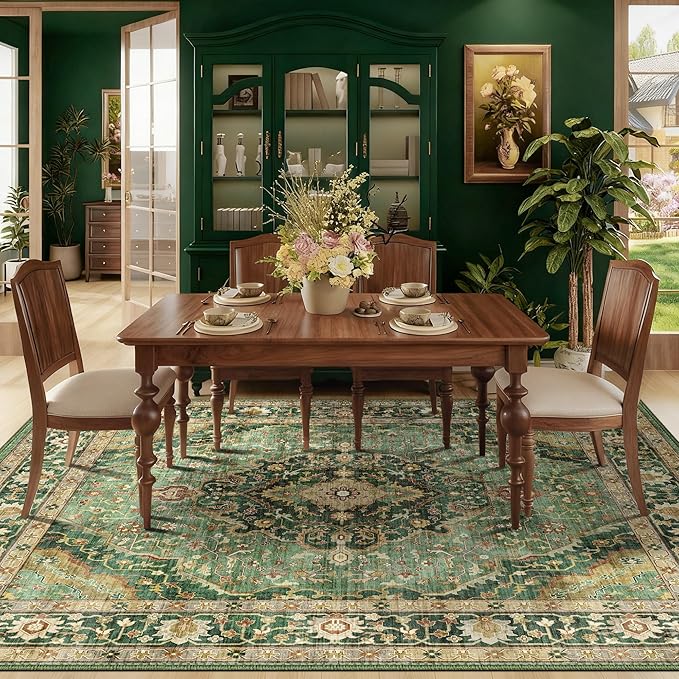 Green Rugs for Bedroom Area Rugs 7x9 Washable Rugs Boho Vintage Oriental Large Foldable Faux Wool Carpet for Living Room Nursery Room Dorm Kids Playroom Home Office