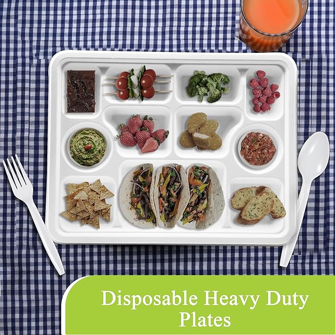 three leaf 11 Compartment Bagasse Rectangular Plate, 200 Ct. PFAS-Free, Heavy Duty, Sugarcane Fiber, Eco Friendly Disposable, 100% Biodegradable, Microwave and Freezer Safe, Ideal for Lunch, Buffet