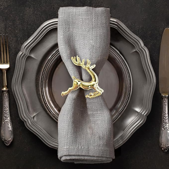 Decozen Set of 16 Gold Napkin Rings in Stag Design Festive Table Decor Setting for Holiday Wedding, Birthday, Kitchen, Home Decor Housewarming Gift - Thanksgiving & Christmas Gift Decoration