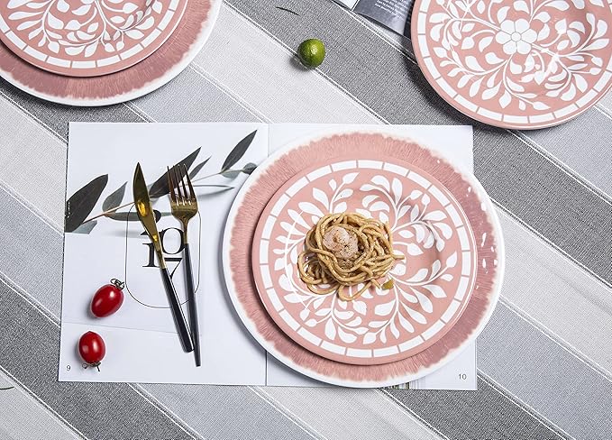 Melamine Dinnerware Sets - 12 Pcs Plates and Bowls Set,Unbreakable Dinner Dishes Set for 4,Lightweight, Dishwasher Safe, BPA Free,Indoor Outdoor use, Pink